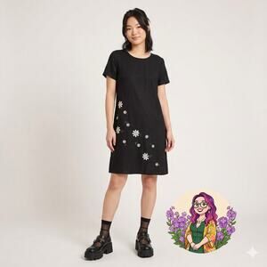 VTG Stonebridge Daisy Embroidered Shift Dress Black Sz 8 Linen Blend Whimsygoth